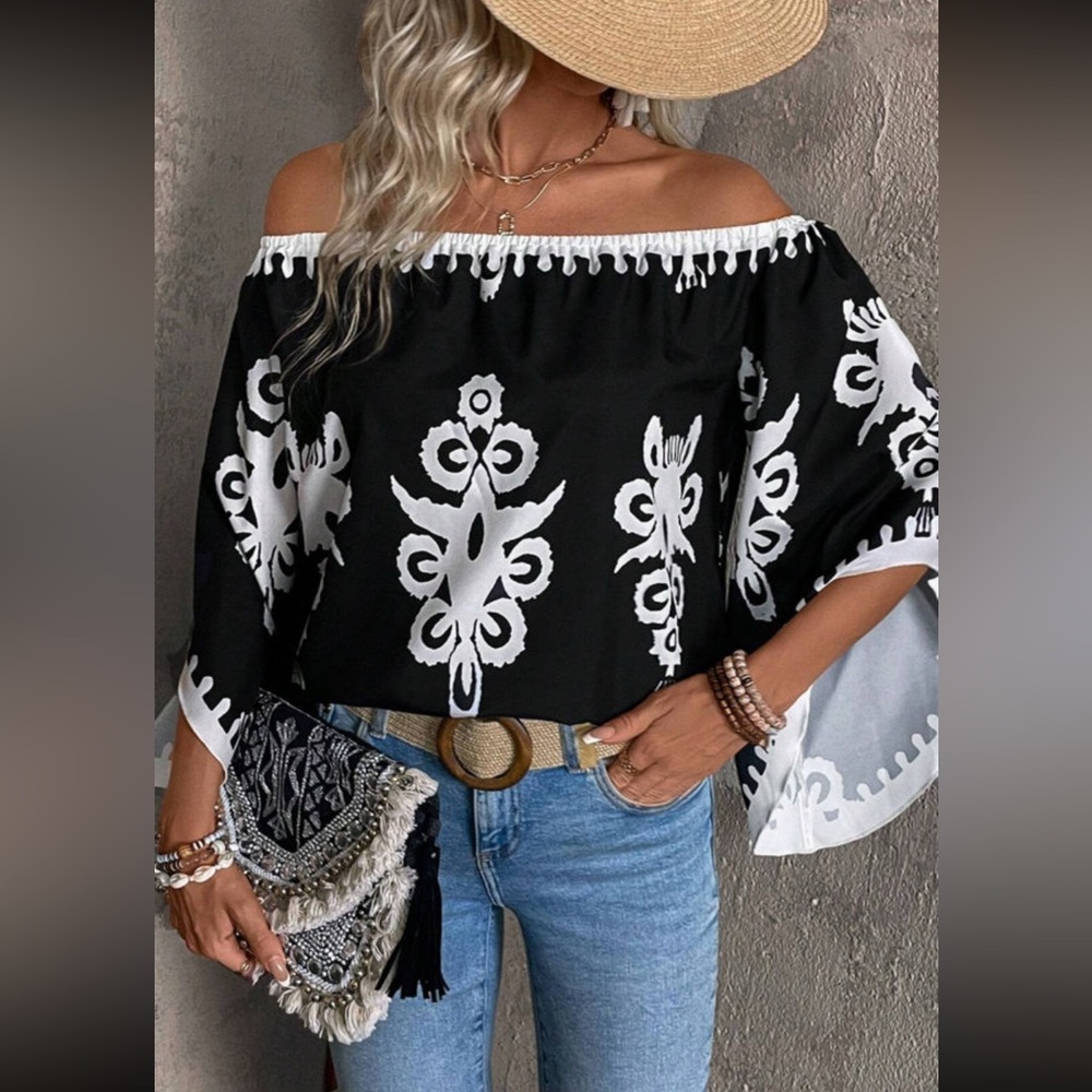 Black and WhiteTribal Off The Shoulder Blouse